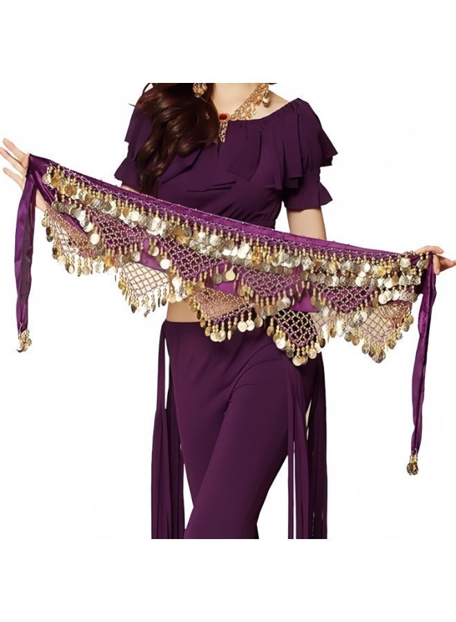 Hiras Belly Dance Hip Scarf with Gold Coins | Adjustable Waist Chain Belt for Women | Metal Coin & Bead Trim | Purple - Image 5